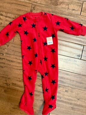 Primary Red Footed One-Piece with Navy Star Print